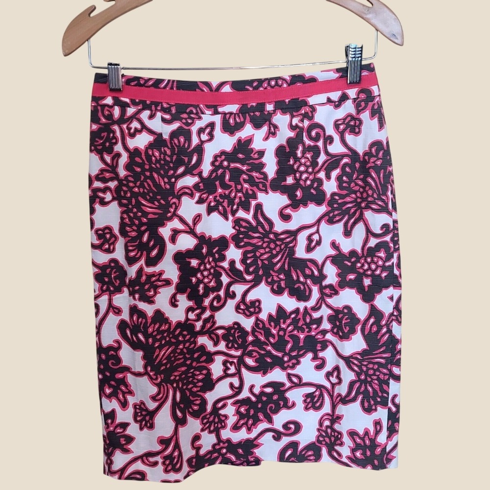 Boden Pink Brown Officecore Floral Preppy Cotton Statement Pencil Skirt US 4P